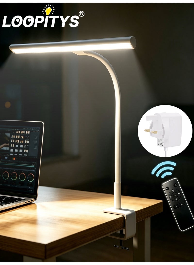 LOOPITYS Clip On LED Desk Lamp with Remote Control, 47cm Long Light Panel, Flexible Gooseneck Arm, 3 Color Modes & Dimmable Brightness, Eye Caring Table Light for Study, Office, Computer Work - Image 1