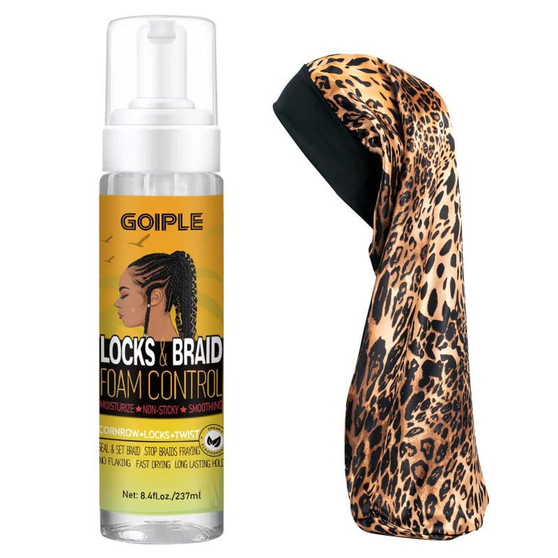 Goiple Braid and Loc Mousse for Hair Braiding, Twists, Braids and Locs - No Flake, Extra Hold, High Shine, Moisturizing, Frizz Control, Lightweight, Easy Application, with Leopard Silky Du-rag - Image 1