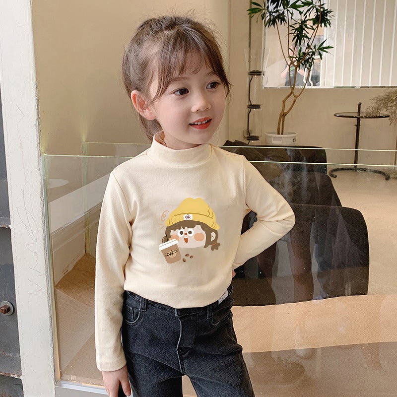 Children'S Semi-High Collar Base Shirt Fleece-Lined Warm Long-Sleeved T-Shirt Men'S And Women'S Big Children'S Fleece Autumn Clothes Inner Top - Image 1