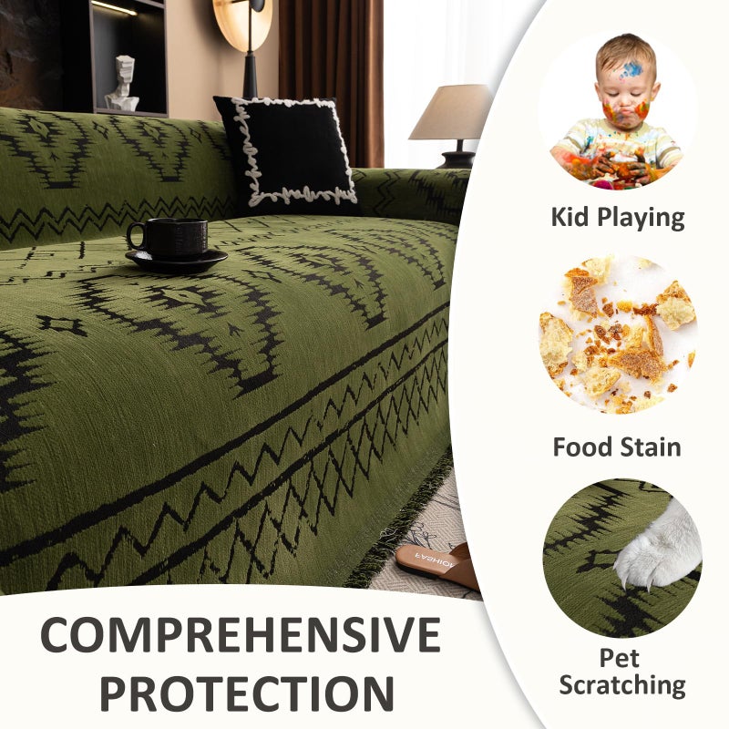 VC Life VClife Bohemian Green Couch Cover for Dog, Non Slip Sectional Sofa Covers Furniture Protector Washable Tribal Pattern Couch Covers for 2 Cushion Couch Sofa, Soft Pet Sofa Slip Cover, Green, 71"X118" - Image 4