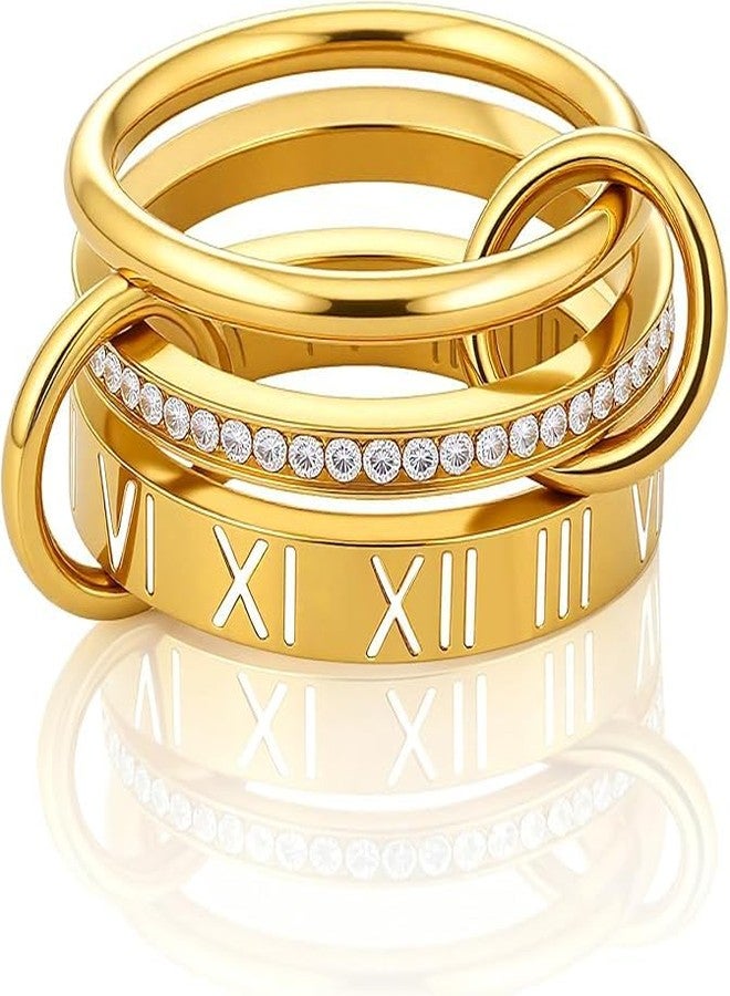 JINHUI 18k Gold Plated Rings Interlocked Stackable Rings for Women,Non Tarnish Statement Ring Set With Dainty Cubic Zirconia Stainless Steel Multi Ring Stack Charms Ring Fashion Jewelry for Women (Roman, Gold, 7) - Image 1