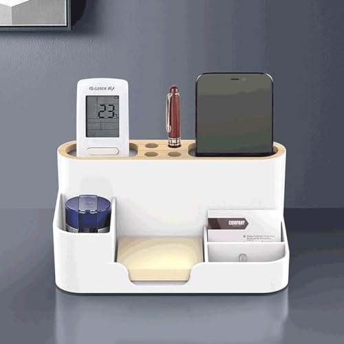INKULTURE Office Desk Organiser, Pen Holder, Multifunctional Storage Organizer With 6 Sorting Compartments for Pens, Mobile Phone, Sticky Notes, Business Card, Remote Control | White | Pack of 01 - Image 1