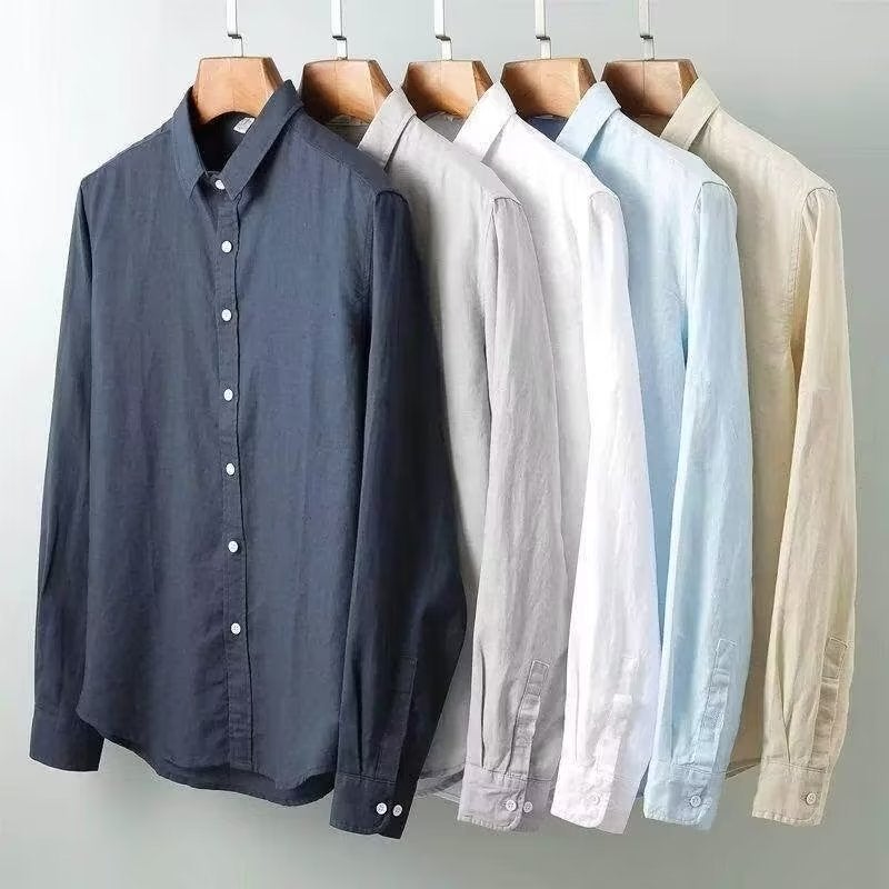 Linen Shirt Men'S Long Sleeve Shirt Casual Lapel Solid Color Loose Breathable Cotton Linen Shirt Men'S - Image 2