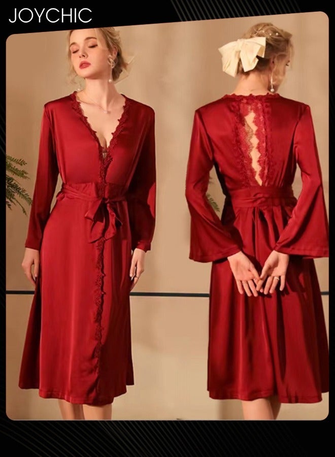 Joychic French Romantic Light Luxury Elegant Spring and Summer Autumn Women Soft Satin Nightgown Long-sleeved Backless Pajamas V-neck Sleep Robe with Belt Horn Cuff Design Wine Red - Image 1