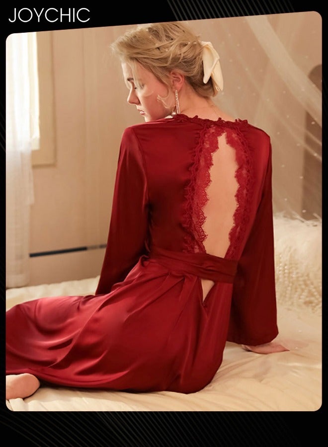 Joychic French Romantic Light Luxury Elegant Spring and Summer Autumn Women Soft Satin Nightgown Long-sleeved Backless Pajamas V-neck Sleep Robe with Belt Horn Cuff Design Wine Red - Image 2