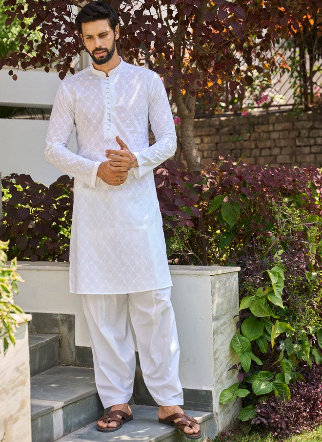 see designs Embroidered White Cotton Kurta with Salwar for Men - Image 1