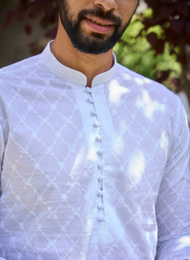 see designs Embroidered White Cotton Kurta with Salwar for Men - Image 2