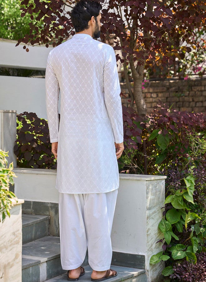 see designs Embroidered White Cotton Kurta with Salwar for Men - Image 5