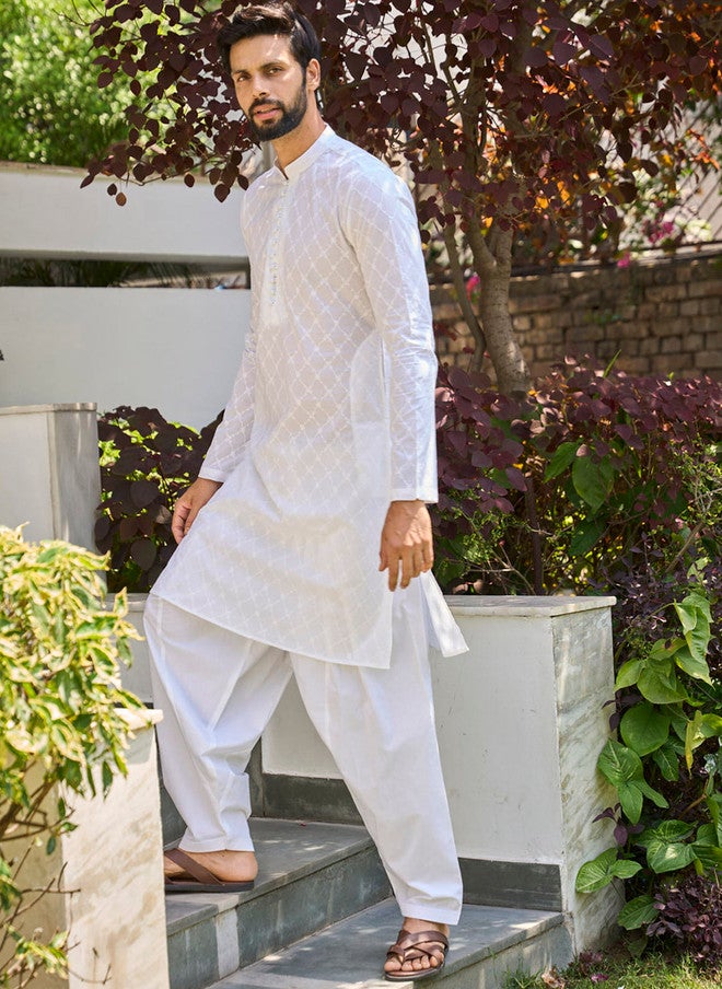 see designs Embroidered White Cotton Kurta with Salwar for Men - Image 4