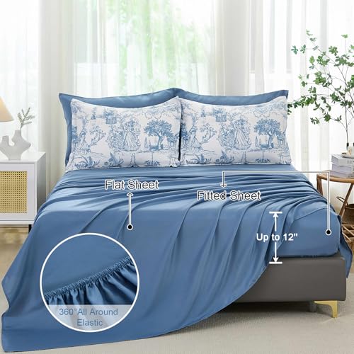 Xruibed Blue Comforter Set King 7 Piece Bed in a Bag Toile de Jouy Botanical Comforter with Sheet Set Soft Micorfiber Bedding Set (1 Comforter,2 Pillow Shams,1 Flat Sheet,1 Fitted Sheet,2 Pillowcases) - Image 5