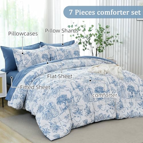 Xruibed Blue Comforter Set King 7 Piece Bed in a Bag Toile de Jouy Botanical Comforter with Sheet Set Soft Micorfiber Bedding Set (1 Comforter,2 Pillow Shams,1 Flat Sheet,1 Fitted Sheet,2 Pillowcases) - Image 4