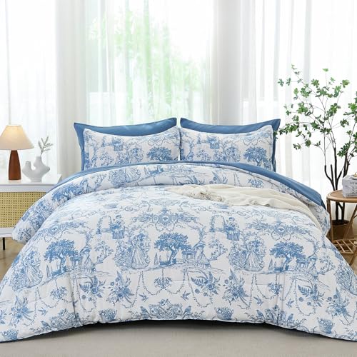 Xruibed Blue Comforter Set King 7 Piece Bed in a Bag Toile de Jouy Botanical Comforter with Sheet Set Soft Micorfiber Bedding Set (1 Comforter,2 Pillow Shams,1 Flat Sheet,1 Fitted Sheet,2 Pillowcases) - Image 2