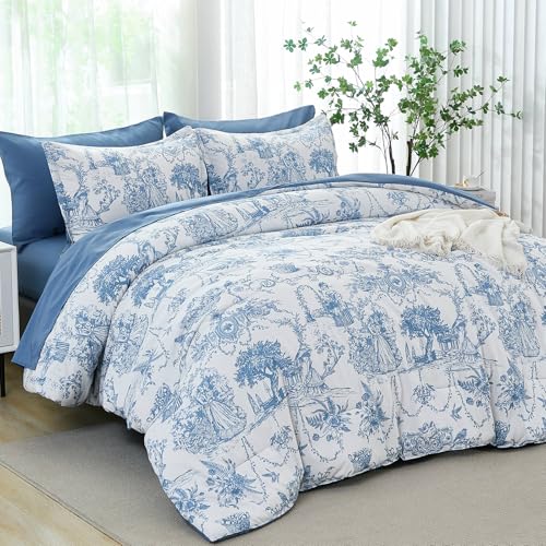Xruibed Blue Comforter Set King 7 Piece Bed in a Bag Toile de Jouy Botanical Comforter with Sheet Set Soft Micorfiber Bedding Set (1 Comforter,2 Pillow Shams,1 Flat Sheet,1 Fitted Sheet,2 Pillowcases) - Image 1