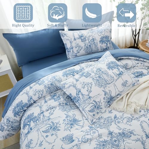 Xruibed Blue Comforter Set King 7 Piece Bed in a Bag Toile de Jouy Botanical Comforter with Sheet Set Soft Micorfiber Bedding Set (1 Comforter,2 Pillow Shams,1 Flat Sheet,1 Fitted Sheet,2 Pillowcases) - Image 3