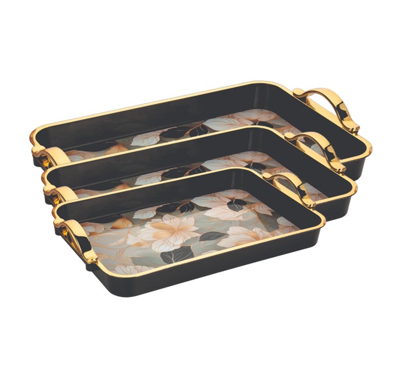 Nabhya صينية تقديم مزخرفة بأزهار مصنوعة من البلاستيك خالية من BPA مع مقبض للشاي والقهوة والوجبات الخفيفة وزينة المطبخ وطاولة الطعام (أسود، عبوة من 3) - Image 1