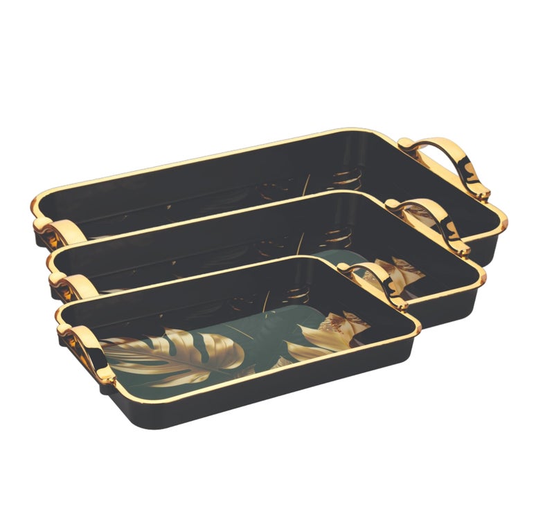 Nabhya صينية تقديم مزخرفة بأزهار مصنوعة من البلاستيك خالية من BPA مع مقبض للشاي والقهوة والوجبات الخفيفة وزينة المطبخ وطاولة الطعام (أسود، عبوة من 3) - Image 2