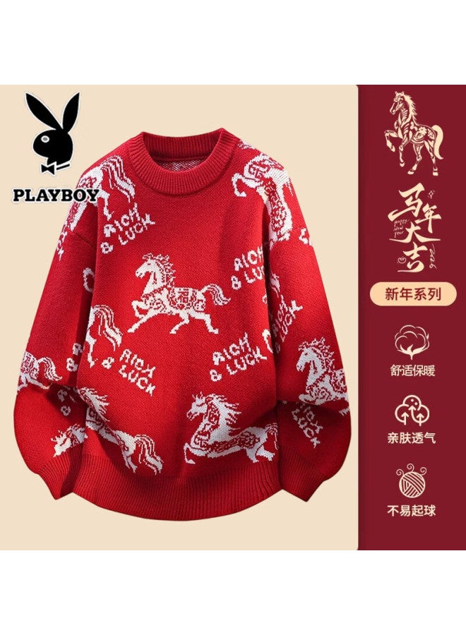 Playboy Men's Pullover Sweater Autumn Winter New Year Christmas Red Warm Knitwear Qi Ji Red - Image 1