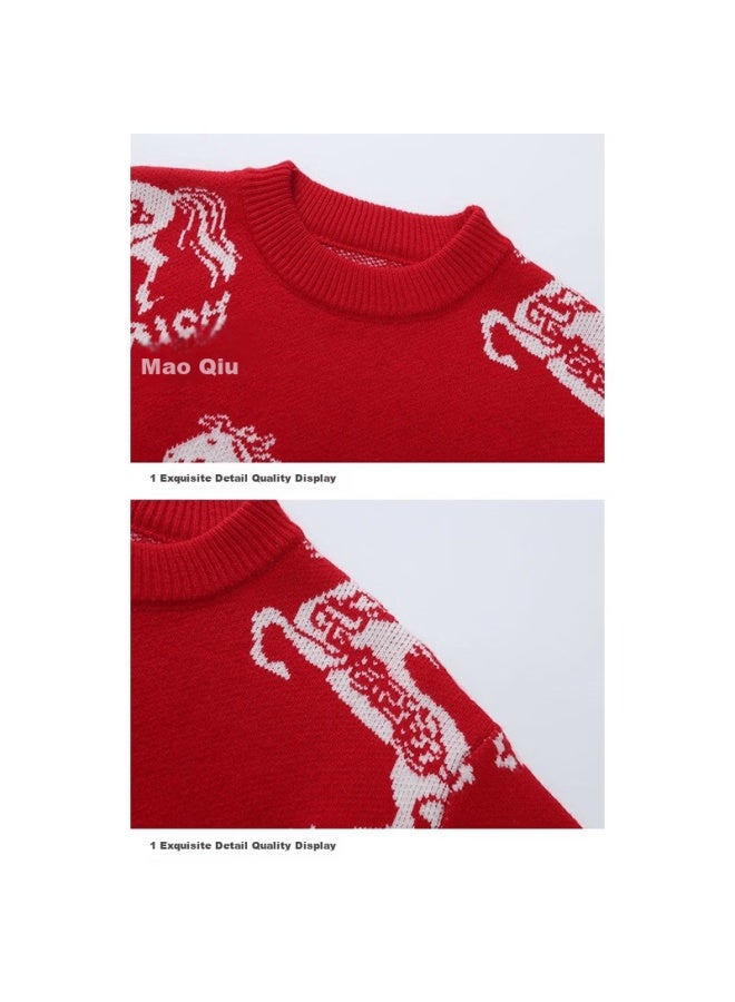 Playboy Men's Pullover Sweater Autumn Winter New Year Christmas Red Warm Knitwear Qi Ji Red - Image 2