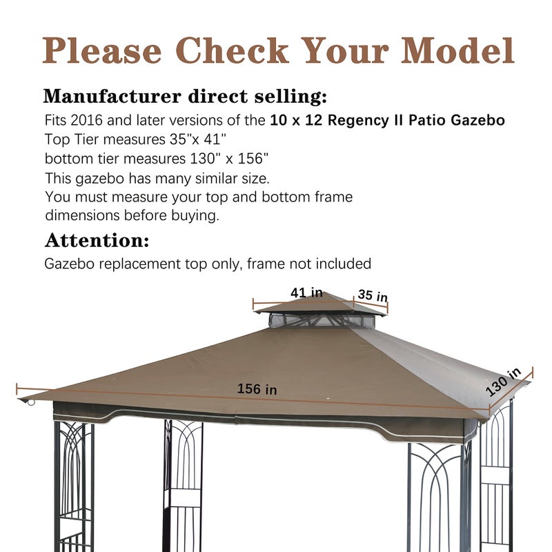 SCOCANOPY Replacement Gazebo Canopy for 10 x 12 Regency II Patio Gazebo Model L-GZ798PST,L-GZ798PST-E,A111014400,A101004104,A101004105 (Khaki) - Image 1