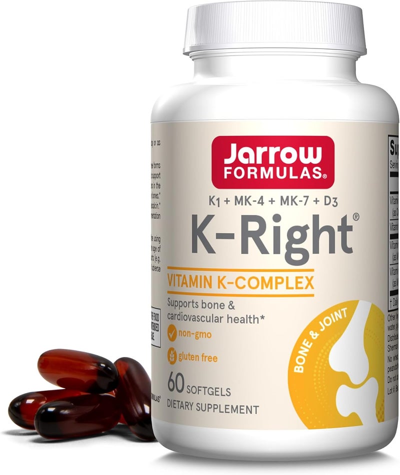 Jarrow Formulas KRight  Vitamin KComplex K1 MK4 MK7 D3  60 Servings Softgels  Dietary Supplement for Bone  Cardiovascular Health Support  Vitamin K2 MK7  Gluten Free - Image 1