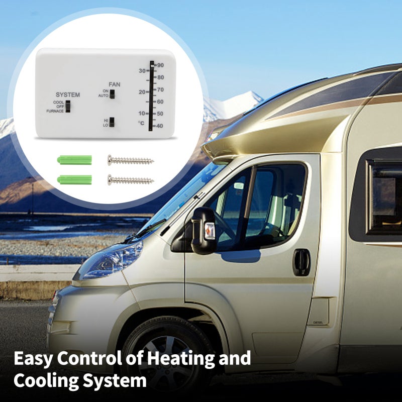 RV Analog Thermostat: White, Dual Heat/Cool Control, Energy Efficient RV Thermostat Replacement - Space-Saving Design, User-Friendly for RV Climate Control - Image 2