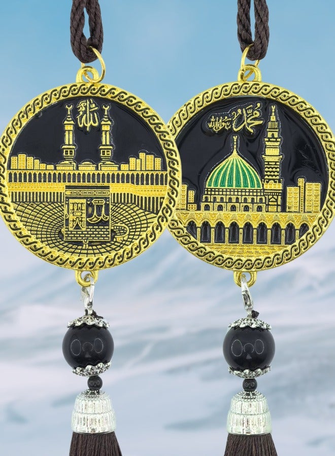 Fianser Car Pendant Metal Kaaba Mecca Prophet's Mosque Medina Gold-Plating Hanging Ornaments Interior Accessories Decoration Gift For Ramadan Hajj Umrah Home Decor Islamic Muslim Allah Ihram Arabic Travel Carry on - Image 1