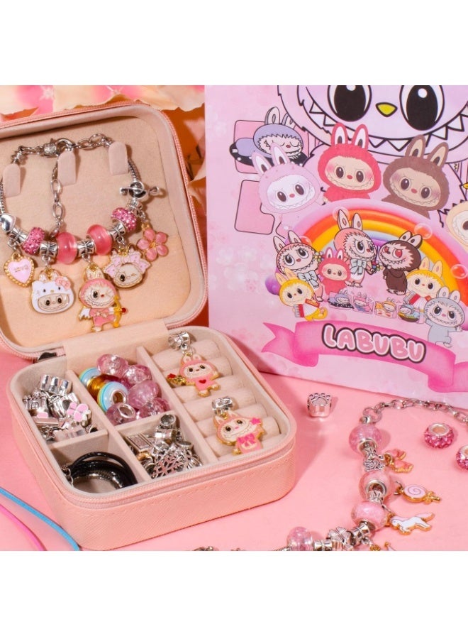 ILovhaprty Labubu DIY Jewelry Making Kit for Girls – 73 PCS Pink Scheme Charm Bracelet & Necklace Set with Beads, Pendants, Storage Box & Gift Bag, Cute Cartoon Craft Kit for Kids Birthday Party Gifts - Image 3