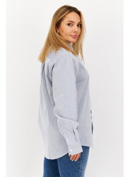 ESPRIT Women Button Down Collar Long Sleeves Stripe Casual Shirt, Blue  - Image 3