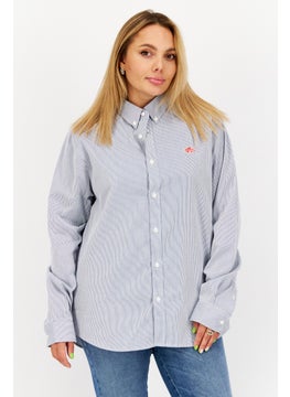 ESPRIT Women Button Down Collar Long Sleeves Stripe Casual Shirt, Blue  - Image 1