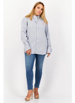 ESPRIT Women Button Down Collar Long Sleeves Stripe Casual Shirt, Blue  - Image 4