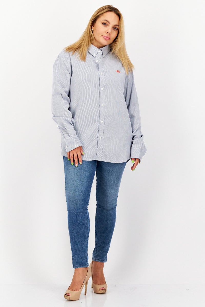 ESPRIT Women Button Down Collar Long Sleeves Stripe Casual Shirt, Blue  - Image 4