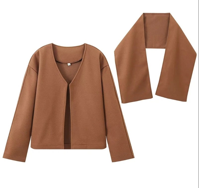 Cross-border European and American Womens AliExpress Explosions Scarf Collar Short Wool Long Sleeve Casual Jacket Camel woolen 