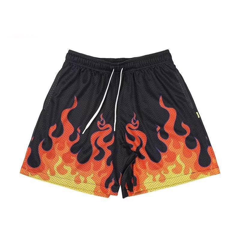 American Style Summer Flame Pattern Mesh Basketball Shorts Mens Loose Fit Quick Dry Casual Pants Cross-Border Fast Selling Brown  - Image 3