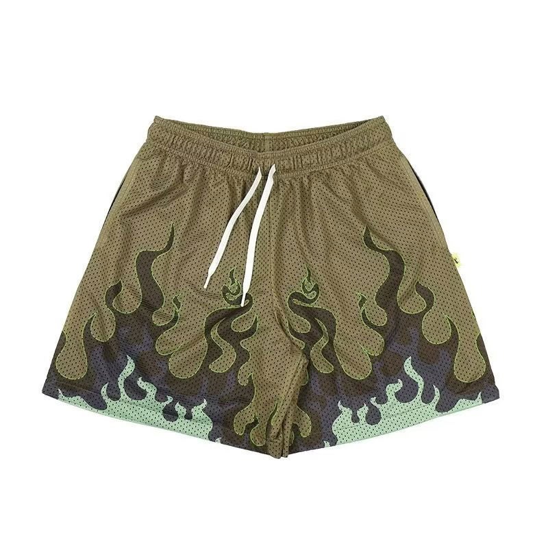 American Style Summer Flame Pattern Mesh Basketball Shorts Mens Loose Fit Quick Dry Casual Pants Cross-Border Fast Selling Brown  - Image 1