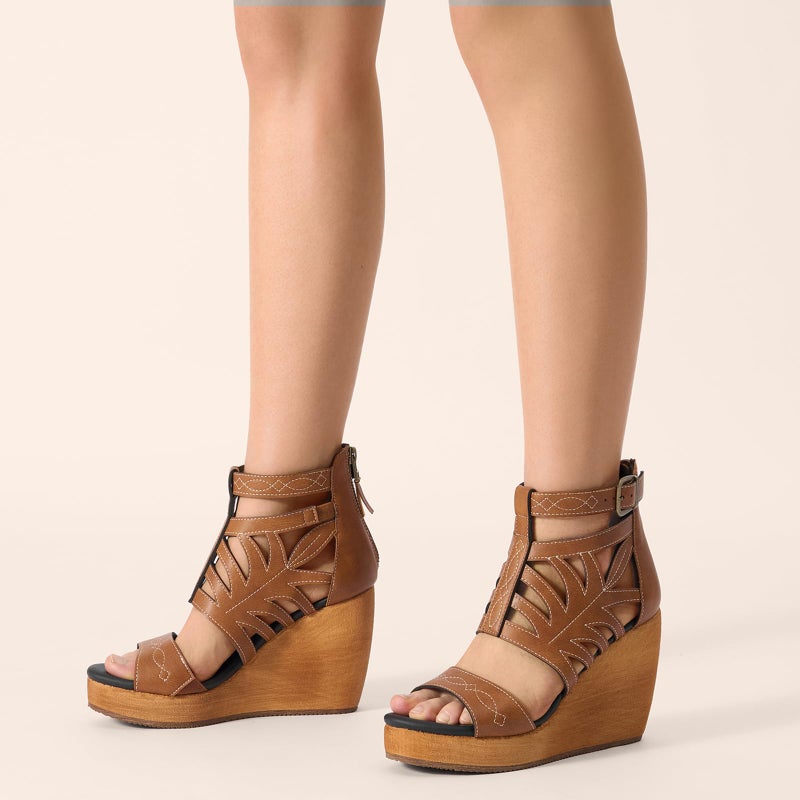 Rollda Women's Wedge Sandals, Platform Sandals High Heels for Women, Fashion Dressy Casual Sandals, Comfortable Open Toe Brown Summer Shoes with Back Zipper Design, Adjustable Ankle Strap, Size 8 - Image 2