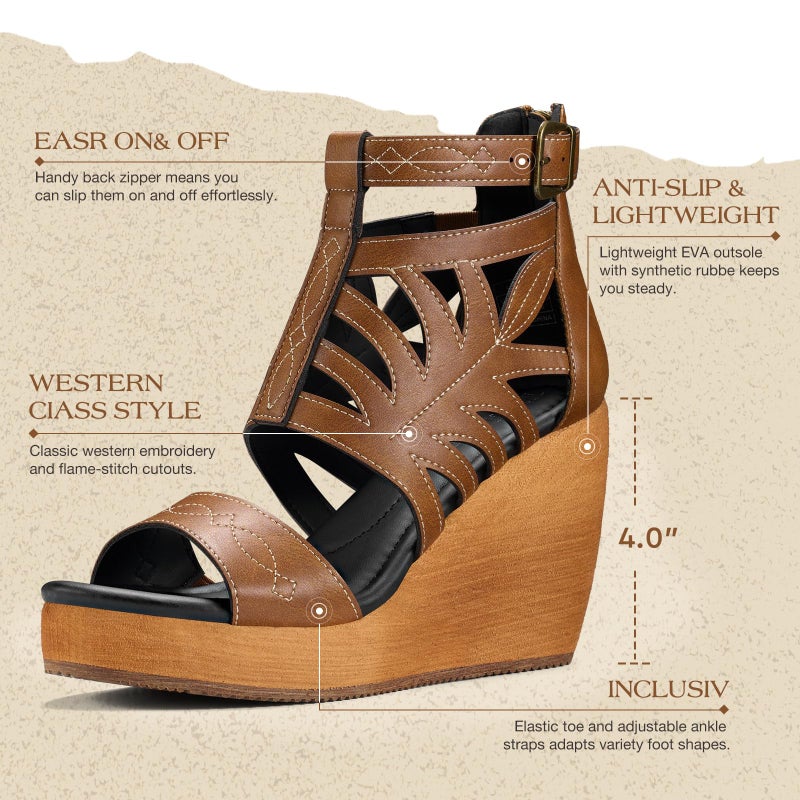 Rollda Women's Wedge Sandals, Platform Sandals High Heels for Women, Fashion Dressy Casual Sandals, Comfortable Open Toe Brown Summer Shoes with Back Zipper Design, Adjustable Ankle Strap, Size 8 - Image 4