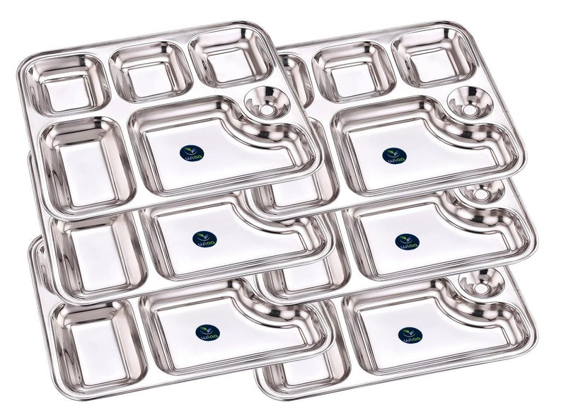 WIAA Stainless Steel 6 Partition Plate for Dinner Lunch Mesh Plate Compartment Plate Thali Set of 6 - Image 2