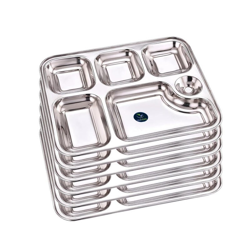 WIAA Stainless Steel 6 Partition Plate for Dinner Lunch Mesh Plate Compartment Plate Thali Set of 6 - Image 1