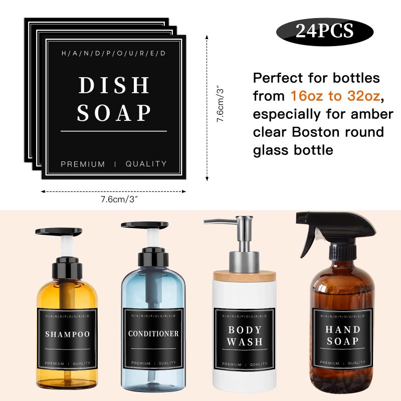 TESWEY 24Pcs Waterproof Labels For Glass Or Plastic Bottles  Bathroom Hand Soap Shampoo Dispenser Label Stickers  Removable Cleaning Labels For Soap  Lotion  Shampoo And Conditioner (3""X3"") - Image 2