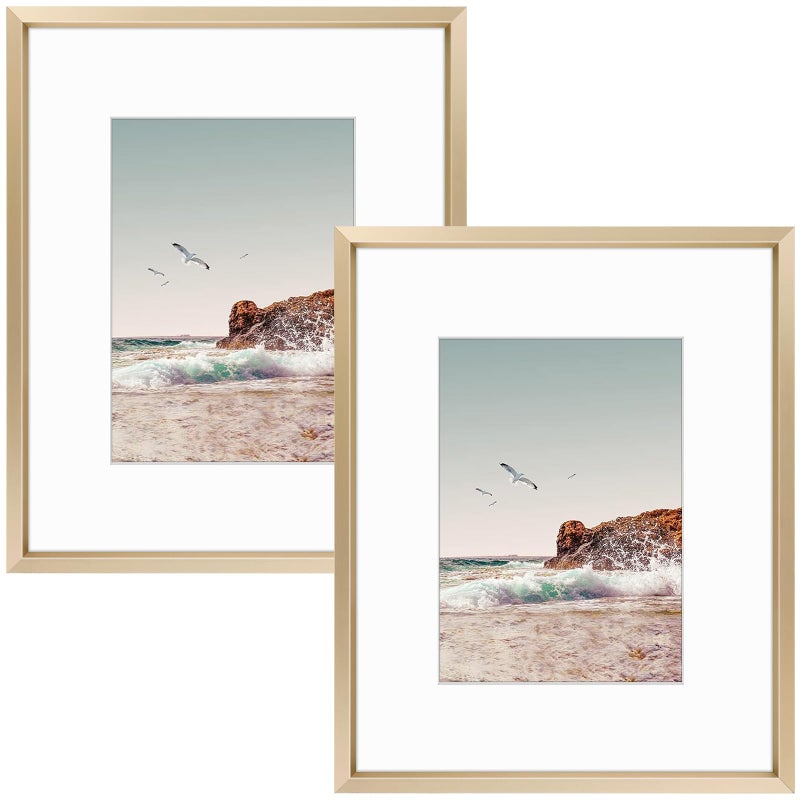 Frametory 8x10 Metal Picture Frame with Mat for 5x7 Picture  Real Glass Aluminum Photo Frame Collection Gold 2 Pack