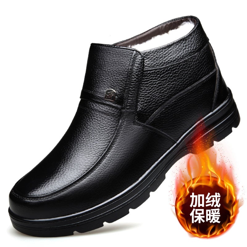 Cotton shoes mens leather warm fleece-lined winter non-slip waterproof thickened northeast wool new lace-up leather cotton shoes Black slip-on - Image 1