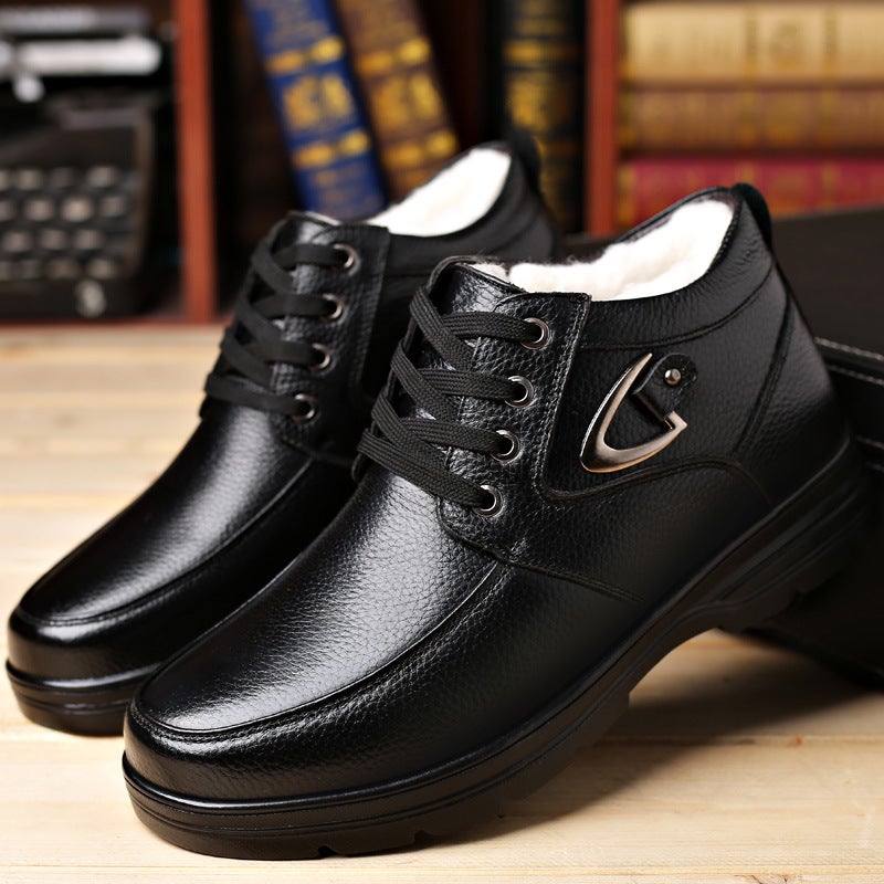 Cotton shoes mens leather warm fleece-lined winter non-slip waterproof thickened northeast wool new lace-up leather cotton shoes Black slip-on - Image 3
