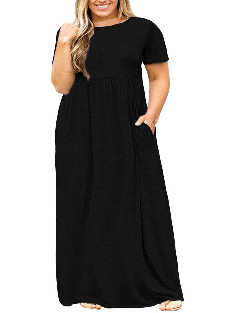 Nemidor Plus Size Maxi Dresses for Curvy Women Summer Casual Loose Short Sleeve Long Beach Dress with Pocket14916Black