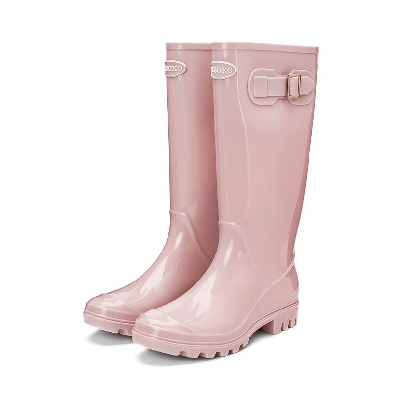 DKSUKO Women's Tall Rain Boots Garden Boots Waterproof Wellington Rubber Boots (8 B(M) US, Pink) - Image 4