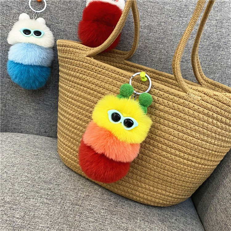 Cute Caterpillar Plush Keychain Charm Yellow head and red tail