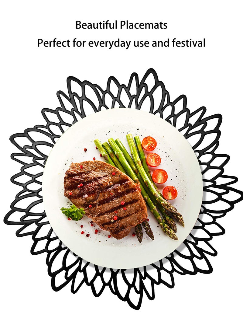 SYOSI Set of 6 Black Placemats Pressed Vinyl Hollow Out Round Floral Dining Table Mats Centerpiece Decoration 15" - Image 2