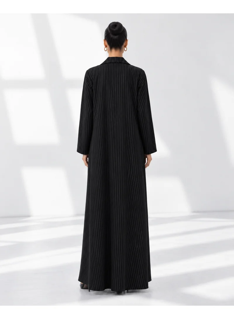 Aara Women's Black Pinstripe Blazer Abaya with Notched Lapel Collar and Pockets