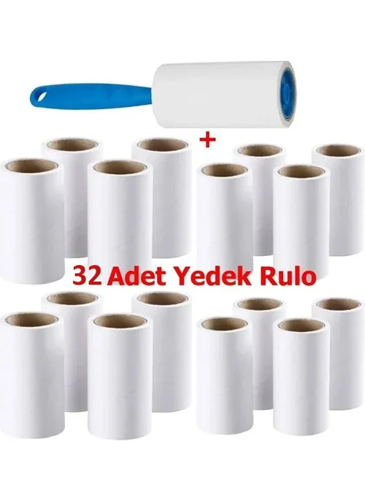 Bizimevde 32 Pieces of 60 Sheets Roll 1 Piece Handle Gift 32 Pieces of 60 Sheets Feather Collection Roller Cat Dog Hair Wool Collecting Tape