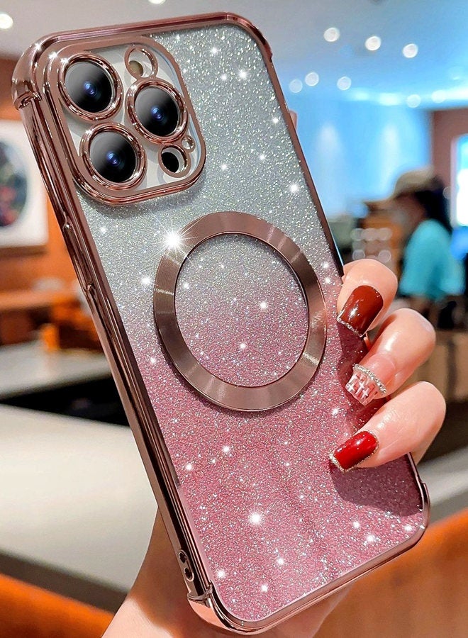 Magnetic Glitter Case for iPhone 16 Pro Max with Camera Lens Protector, MagSafe Compatibility, Luxury Plating, Cute Bling Sparkly Clear Slim Shockproof Phone Cover for Women and Girls，Pink  - Image 2