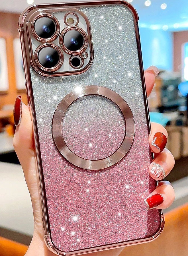 Magnetic Glitter Case for iPhone 16 Pro Max with Camera Lens Protector, MagSafe Compatibility, Luxury Plating, Cute Bling Sparkly Clear Slim Shockproof Phone Cover for Women and Girls，Pink  - Image 1